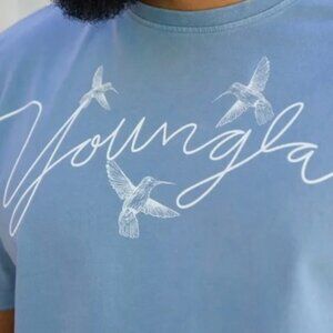 Young LA T-Shirt Men's Medium Blue Short Sleeve Graphic Thick Gym White Birds